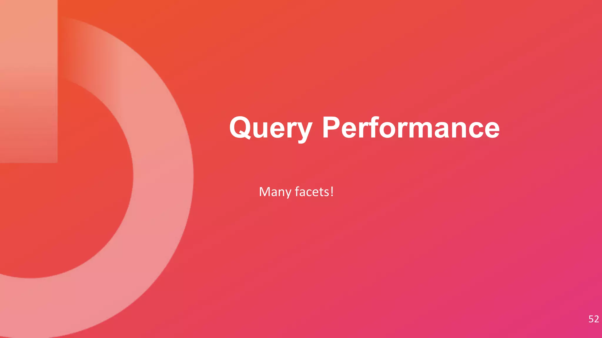 Many facets!
Query Performance
52
 