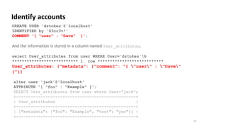 20
Identify accounts
CREATE USER 'dstokes'@'localhost'
IDENTIFIED by 'S3cr3t!'
COMMENT '{ "user" : "Dave" }';
And the information is stored in a column named User_attributes.
select User_attributes from user WHERE User='dstokes'G
*************************** 1. row ***************************
User_attributes: {"metadata": {"comment": "{ "user" : "Dave"
}"}}
alter user 'jack'@'localhost'
ATTRIBUTE '{ "foo" : "Example" }';
SELECT User_attributes from user where User='jack';
+-------------------------------------------------+
| User_attributes |
+-------------------------------------------------+
| {"metadata": {"foo": "Example", "test": "yes"}} |
+-------------------------------------------------+
 