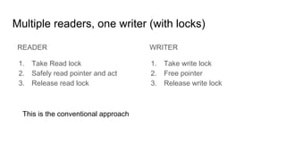 Multiple readers, one writer (with locks)
READER
1. Take Read lock
2. Safely read pointer and act
3. Release read lock
WRITER
1. Take write lock
2. Free pointer
3. Release write lock
This is the conventional approach
 