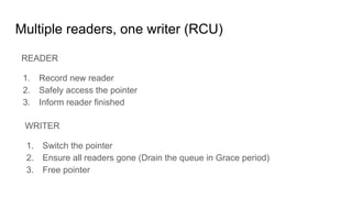 Multiple readers, one writer (RCU)
READER
1. Record new reader
2. Safely access the pointer
3. Inform reader finished
WRITER
1. Switch the pointer
2. Ensure all readers gone (Drain the queue in Grace period)
3. Free pointer
 