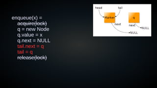 enqueue(x) =
acquire(lock)
q = new Node
q.value = x
q.next = NULL
tail.next = q
tail = q
release(lock)
 