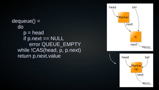 dequeue() =
do
p = head
if p.next == NULL
error QUEUE_EMPTY
while !CAS(head, p, p.next)
return p.next.value
 