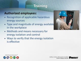 Training
Authorized employees:
 Recognition of applicable hazardous
  energy sources
 Type and magnitude of energy available
  in the workplace
 Methods and means necessary for
  energy isolation and control
 Ways to verify that the energy isolation
  is effective



          SM
 