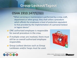 Group Lockout/Tagout

  OSHA 1910.147(f)(3)(i)
    “When servicing or maintenance is performed by a crew, craft,
     department or other group, they shall utilize a procedure
     which affords the employees a level of protection equivalent
     to that provided by the implementation of a personal lockout
     or tagout device”
ONE authorized employee is responsible
for overall procedure in the crew.
If multiple crews are involved, there must
still be an overall authorized employee
responsible.
Group Lockout devices such as Group
Lockboxes and/or hasps must be used.
       SM
 