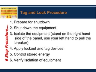 Tag and Lock Procedure
1. Prepare for shutdown
2. Shut down the equipment
3. Isolate the equipment (stand on the right hand
side of the panel, use your left hand to pull the
breaker)
4. Apply lockout and tag devices
5. Control stored energy
6. Verify isolation of equipment
6
Step
Procedure....
 