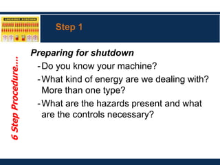Step 1
Preparing for shutdown
-Do you know your machine?
-What kind of energy are we dealing with?
More than one type?
-What are the hazards present and what
are the controls necessary?
6
Step
Procedure....
 
