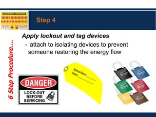 Step 4
Apply lockout and tag devices
- attach to isolating devices to prevent
someone restoring the energy flow
6
Step
Procedure....
 