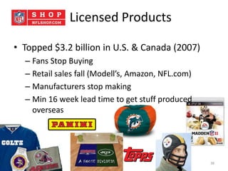 Licensed Products

• Topped $3.2 billion in U.S. & Canada (2007)
  – Fans Stop Buying
  – Retail sales fall (Modell’s, Amazon, NFL.com)
  – Manufacturers stop making
  – Min 16 week lead time to get stuff produced
    overseas




                                                    38
 