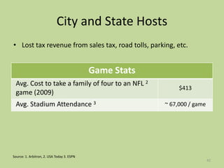 City and State Hosts
• Lost tax revenue from sales tax, road tolls, parking, etc.


                                            Game Stats
 Avg. Cost to take a family of four to an NFL 2
                                                              $413
 game (2009)
 Avg. Stadium Attendance 3                               ~ 67,000 / game




Source: 1. Arbitron, 2. USA Today 3. ESPN
                                                                           42
 
