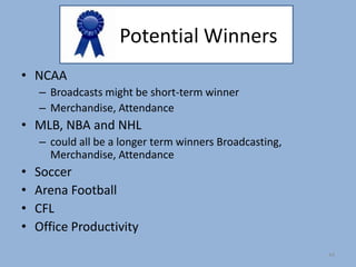 Potential Winners
• NCAA
    – Broadcasts might be short-term winner
    – Merchandise, Attendance
• MLB, NBA and NHL
    – could all be a longer term winners Broadcasting,
      Merchandise, Attendance
•   Soccer
•   Arena Football
•   CFL
•   Office Productivity
                                                         44
 