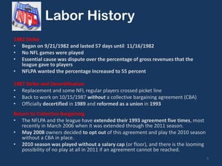 Labor History
1982 Strike
• Began on 9/21/1982 and lasted 57 days until 11/16/1982
• No NFL games were played
• Essential cause was dispute over the percentage of gross revenues that the
   league gave to players
• NFLPA wanted the percentage increased to 55 percent

1987 Strike and Decertification
• Replacement and some NFL regular players crossed picket line
• Back to work on 10/15/1987 without a collective bargaining agreement (CBA)
• Officially decertified in 1989 and reformed as a union in 1993
Return to Collective Bargaining
• The NFLPA and the league have extended their 1993 agreement five times, most
   recently in March 2006 when it was extended through the 2011 season.
• May 2008 owners decided to opt out of this agreement and play the 2010 season
   without a CBA in place.
• 2010 season was played without a salary cap (or floor), and there is the looming
   possibility of no play at all in 2011 if an agreement cannot be reached.
                                                                                     5
 