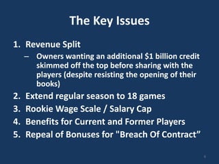 The Key Issues
1. Revenue Split
     – Owners wanting an additional $1 billion credit
       skimmed off the top before sharing with the
       players (despite resisting the opening of their
       books)
2.   Extend regular season to 18 games
3.   Rookie Wage Scale / Salary Cap
4.   Benefits for Current and Former Players
5.   Repeal of Bonuses for "Breach Of Contract”

                                                         6
 