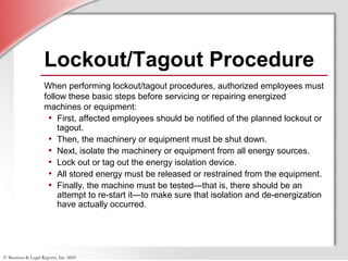 © Business & Legal Reports, Inc. 0605
Lockout/Tagout Procedure
When performing lockout/tagout procedures, authorized employees must
follow these basic steps before servicing or repairing energized
machines or equipment:
• First, affected employees should be notified of the planned lockout or
tagout.
• Then, the machinery or equipment must be shut down.
• Next, isolate the machinery or equipment from all energy sources.
• Lock out or tag out the energy isolation device.
• All stored energy must be released or restrained from the equipment.
• Finally, the machine must be tested—that is, there should be an
attempt to re-start it—to make sure that isolation and de-energization
have actually occurred.
 