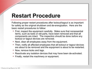 © Business & Legal Reports, Inc. 0605
Restart Procedure
Following proper restart procedures after lockout/tagout is as important
for safety as the original shutdown and de-energization. Here are the
basic restart procedures to follow:
• First, inspect the equipment carefully. Make sure that nonessential
items, such as tools or old parts, have been removed and that all
components are intact. The inspection should be done before any
lockout or tagout devices are removed.
• Next, clear all employees away from the equipment.
• Then, notify all affected employees that all lockout or tagout devices
are about to be removed and the equipment is about to be restarted.
• Now, remove locks and tags.
• Reactivate any isolation devices that may have been de-activated.
• Finally, restart the machinery or equipment.
 