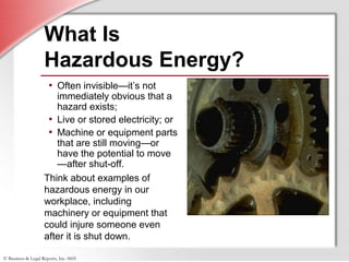 © Business & Legal Reports, Inc. 0605
What Is
Hazardous Energy?
• Often invisible—it’s not
immediately obvious that a
hazard exists;
• Live or stored electricity; or
• Machine or equipment parts
that are still moving—or
have the potential to move
—after shut-off.
Think about examples of
hazardous energy in our
workplace, including
machinery or equipment that
could injure someone even
after it is shut down.
 