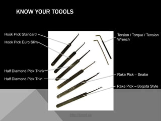 Know your tooolsHook Pick StandardTorsion / Torque / Tension WrenchHook Pick Euro SlimTorsion Wrench || Torque Wrench || Tension WrenchHalf Diamond Pick (thick and thin)Hook PickStandard