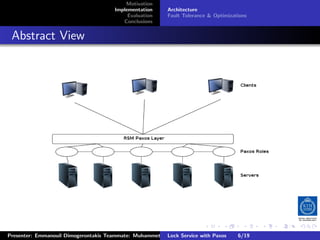 Motivation
                                        Implementation      Architecture
                                             Evaluation     Fault Tolerance & Optimizations
                                           Conclusions



. Abstract View




                                                                          .      .       .         .         .   .
                                                                                                             C
 Presenter: Emmanouil Dimogerontakis Teammate: Muhammet Orazov Service with Johan Montelius
                                                         Lock Supervisor: Paxos      6/19     CC       BY:
 