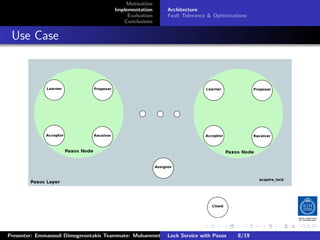 Motivation
                                        Implementation      Architecture
                                             Evaluation     Fault Tolerance & Optimizations
                                           Conclusions



. Use Case




                                                                          .      .       .         .         .   .
                                                                                                             C
 Presenter: Emmanouil Dimogerontakis Teammate: Muhammet Orazov Service with Johan Montelius
                                                         Lock Supervisor: Paxos      8/19     CC       BY:
 
