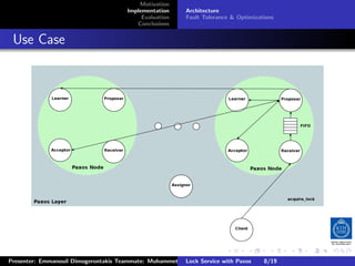 Motivation
                                        Implementation      Architecture
                                             Evaluation     Fault Tolerance & Optimizations
                                           Conclusions



. Use Case




                                                                          .      .       .         .         .   .
                                                                                                             C
 Presenter: Emmanouil Dimogerontakis Teammate: Muhammet Orazov Service with Johan Montelius
                                                         Lock Supervisor: Paxos      8/19     CC       BY:
 
