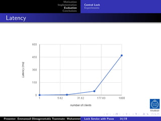 Motivation
                                        Implementation     Central Lock
                                             Evaluation    Experiments
                                           Conclusions



. Latency




                                                                          .     .      .           .         .   .
                                                                                                             C
 Presenter: Emmanouil Dimogerontakis Teammate: Muhammet Orazov Service with Johan Montelius
                                                         Lock Supervisor: Paxos      14/19    CC       BY:
 