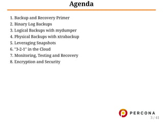 Agenda
1. Backup and Recovery Primer
2. Binary Log Backups
3. Logical Backups with mydumper
4. Physical Backups with xtrabackup
5. Leveraging Snapshots
6. "3-2-1" in the Cloud
7. Monitoring, Testing and Recovery
8. Encryption and Security
3 / 41
 