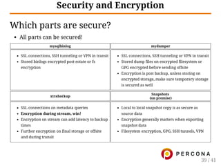 Security and Encryption
Which parts are secure?
All parts can be secured!
mysqlbinlog mydumper
SSL connections, SSH tunneling or VPN in transit
Stored binlogs encrypted post-rotate or fs
encryption
SSL connections, SSH tunneling or VPN in transit
Stored dump files on encrypted filesystem or
GPG encrypted before sending offsite
Encryption is post backup, unless storing on
encrypted storage, make sure temporary storage
is secured as well
xtrabackup
Snapshots
(on premise)
SSL connections on metadata queries
Encryption during stream, win!
Encryption on stream can add latency to backup
times
Further encryption on final storage or offsite
and during transit
Local to local snapshot copy is as secure as
source data
Encryption generally matters when exporting
snapshot data
Filesystem encryption, GPG, SSH tunnels, VPN
39 / 41
 
