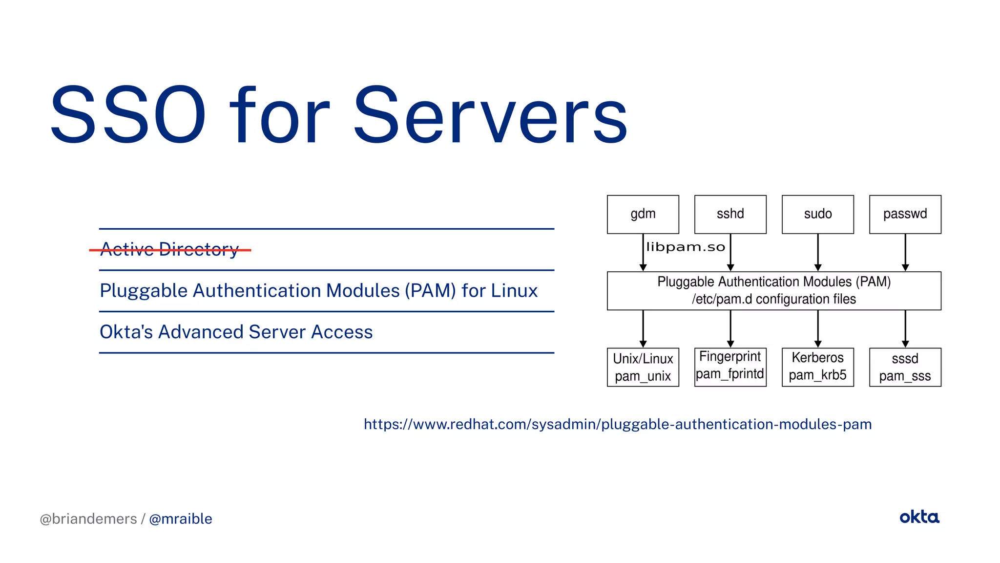@briandemers / @mraible
@briandemers / @mraible
SSO or Servers
https://www.redhat.com/sysadmin/plu able-authentication-modules-pam
Active Directory
Plu able Authentication Modules (PAM) or Linux
Okta's Advanced Server Access
https://www.redhat.com/sysadmin/plu able-authentication-modules-pam
 