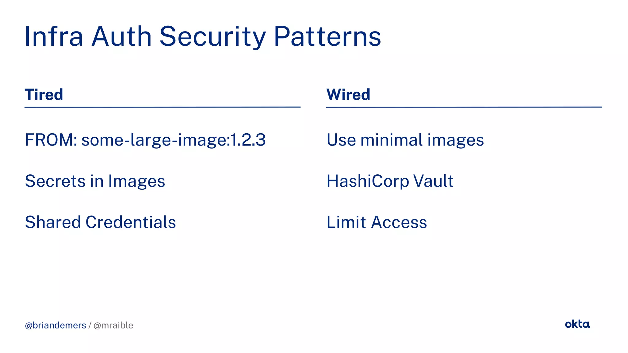 @briandemers / @mraible
In ra Auth Security Patterns
Tired Wired
FROM: some-lar e-ima e:1.2.3
Secrets in Ima es
Shared Credentials
Use minimal ima es
HashiCorp Vault
Limit Access
@briandemers / @mraible
 
