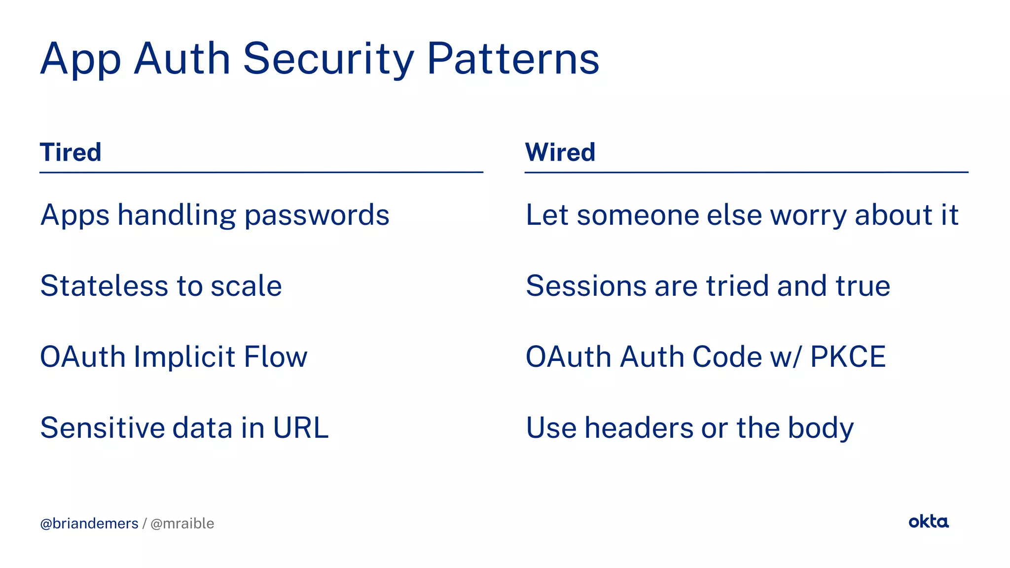 @briandemers / @mraible
App Auth Security Patterns
Tired Wired
Apps handling passwords
Stateless to scale
OAuth Implicit Flow
Sensitive data in URL
Let someone else worry about it
Sessions are tried and true
OAuth Auth Code w/ PKCE
Use headers or the body
@briandemers / @mraible
 