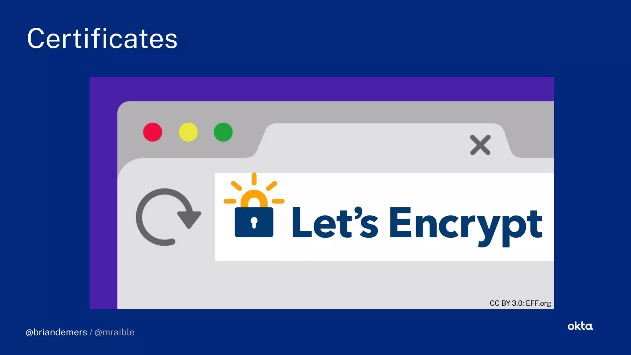 Certiﬁcates
CC BY 3.0: EFF.org
@briandemers / @mraible
 