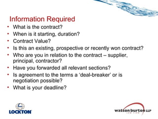 Information Required
•
•
•
•
•

What is the contract?
When is it starting, duration?
Contract Value?
Is this an existing, prospective or recently won contract?
Who are you in relation to the contract – supplier,
principal, contractor?
• Have you forwarded all relevant sections?
• Is agreement to the terms a ‘deal-breaker’ or is
negotiation possible?
• What is your deadline?

 