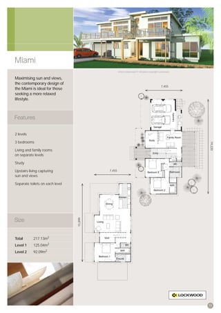 Miami
                                                  Artist’s impression © All plans copyright Lockwood.


Maximising sun and views,
the contemporary design of
                                                                                            7,455
the Miami is ideal for those
seeking a more relaxed
lifestyle.




2 levels

3 bedrooms




                                                                                                        19,220
Living and family rooms
on separate levels

Study

Upstairs living capturing                 7,455
sun and views

Separate toilets on each level
                                 15,899




Total       217.13m2
Level 1     125.04m2
Level 2     92.09m2




                                                                                                        15
 