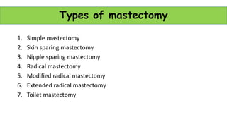 1. Simple mastectomy
2. Skin sparing mastectomy
3. Nipple sparing mastectomy
4. Radical mastectomy
5. Modified radical mastectomy
6. Extended radical mastectomy
7. Toilet mastectomy
Types of mastectomy
 