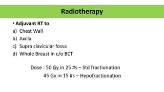 Radiotherapy
• Adjuvant RT to
a) Chest Wall
b) Axilla
c) Supra clavicular fossa
d) Whole Breast in c/o BCT
 