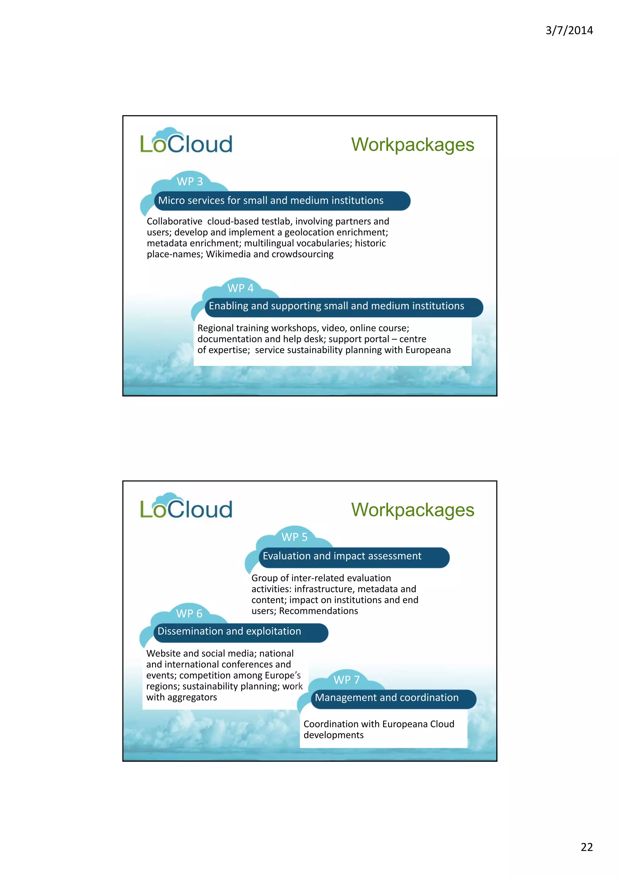 3/7/2014 
22 
Workpackages 
WP 3 
Micro services for small and medium institutions 
Collaborative cloud‐based testlab, involving partners and 
users; develop and implement a geolocation enrichment; 
metadata enrichment; multilingual vocabularies; historic 
place‐names; Wikimedia and crowdsourcing 
WP 4 
Enabling and supporting small and medium institutions 
Regional training workshops, video, online course; 
documentation and help desk; support portal – centre 
of expertise; service sustainability planning with Europeana 
Workpackages 
WP 5 
Evaluation and impact assessment 
Group of inter‐related evaluation 
activities: infrastructure, metadata and 
content; impact on institutions and end 
users; Recommendations 
WP 6 
Dissemination and exploitation 
Website and social media; national 
and international conferences and 
events; competition among Europe’s 
regions; sustainability planning; work 
with aggregators 
WP 7 
Management and coordination 
Coordination with Europeana Cloud 
developments 
 