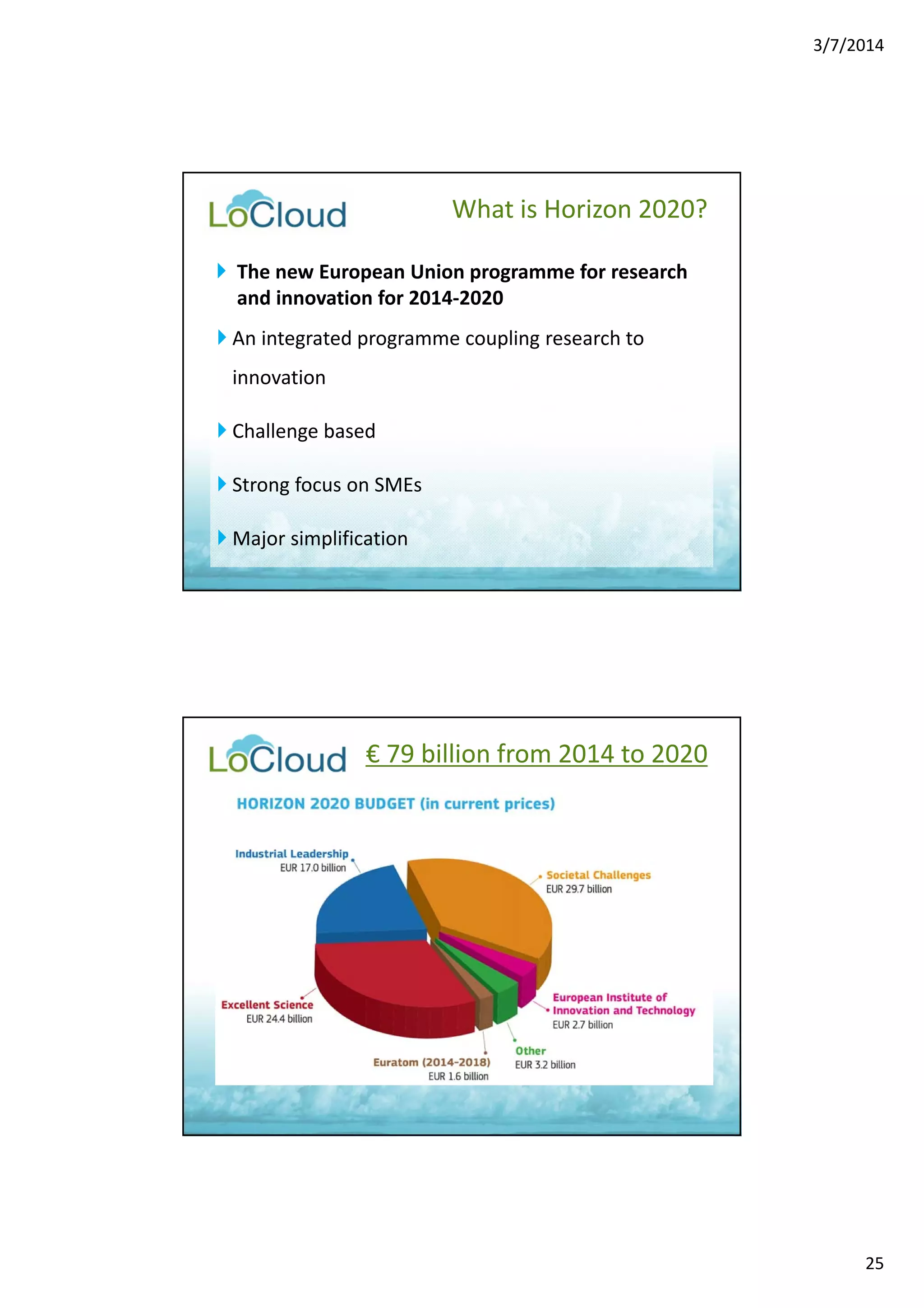 3/7/2014 
25 
 The new European Union programme for research 
and innovation for 2014‐2020 
 An integrated programme coupling research to 
innovation 
 Challenge based 
 Strong focus on SMEs 
 Major simplification 
What is Horizon 2020? 
€ 79 billion from 2014 to 2020 
 