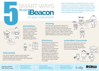 SMART WAYS
to use
5 iBeaconi n e d u c a t i o n
iBeacon technology is transforming the way we share
information in the classroom. iPads with beacon apps
installed are becoming aware of what is nearby, so that they
can display and share data that is relevant to that time and
place. iBeacon technology is simple but very clever, and
above all...it just works!
Here are 5 easy ways you can use it....
 