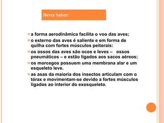a forma aerodinâmica facilita o voo das aves; o esterno das aves é saliente e em forma de quilha com fortes músculos peitorais: os ossos das aves são ocos e leves –  ossos pneumáticos – e estão ligados aos sacos aéreos; os morcegos possuem uma membrana alar e um esqueleto leve. as asas da maioria dos insectos articulam com o tórax e movimentam-se devido a fortes músculos ligados ao interior do exosqueleto. Deves Saber: 