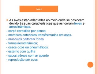 As aves estão adaptadas ao meio onde se deslocam devido às suas características que as tornam  leves  e  aerodinâmicas.  - corpo revestido por penas; - membros anteriores transformados em asas. -  músculos peitorais fortes - forma aerodinâmica; - ossos ocos ou pneumáticos - esterno com quilha - sacos aéreos com ar quente - reprodução por ovos Aves 