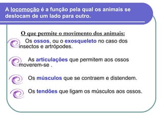 A  locomoção  é a função pela qual os animais se deslocam de um lado para outro. O que permite o movimento dos animais: Os   ossos , ou o  exosqueleto  no caso dos insectos e artrópodes.  As  articulações  que permitem aos ossos moverem-se .  Os  músculos  que se contraem e distendem. Os  tendões  que ligam os músculos aos ossos. 