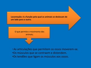 Locomoção: é a função pela qual os animais se deslocam de um lado para o outro. O que permite o movimento dos animais; As articulações que permitem os ossos moverem-se. Os músculos que se contraem e distendem. Os tendões que ligam os músculos aos ossos. 