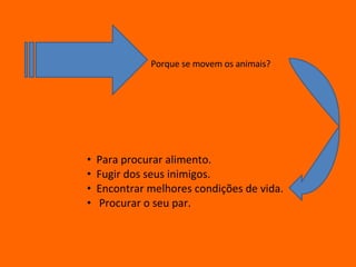 Porque se movem os animais? Para procurar alimento. Fugir dos seus inimigos. Encontrar melhores condições de vida. Procurar o seu par. 