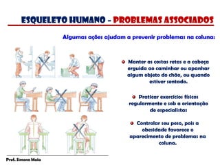 Prof. Simone Maia
Algumas ações ajudam a prevenir problemas na coluna:
Manter as costas retas e a cabeça
erguida ao caminhar ou apanhar
algum objeto do chão, ou quando
estiver sentado.
Praticar exercícios físicos
regularmente e sob a orientação
de especialistas
Controlar seu peso, pois a
obesidade favorece o
aparecimento de problemas na
coluna.
esqueleto humano – PROBLEMAS ASSOCIADOS
 