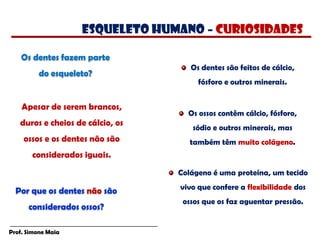 Prof. Simone Maia
Apesar de serem brancos,
duros e cheios de cálcio, os
ossos e os dentes não são
considerados iguais.
Os dentes fazem parte
do esqueleto?
Por que os dentes não são
considerados ossos?
Os ossos contêm cálcio, fósforo,
sódio e outros minerais, mas
também têm muito colágeno.
Colágeno é uma proteína, um tecido
vivo que confere a flexibilidade dos
ossos que os faz aguentar pressão.
Os dentes são feitos de cálcio,
fósforo e outros minerais.
esqueleto humano – CURIOSIDADES
 