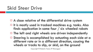 Skid Steer Drive A close relative of the differential drive system It is mostly used in tracked machines e.g. tanks. Also finds application in some four / six wheeled robots The left and right wheels are driven independently Steering is accomplished by actuating each side at a different rate or in a different direction, causing the wheels or tracks to slip, or skid, on the ground Copyright © Robotix Team, IIT Kharagpur 