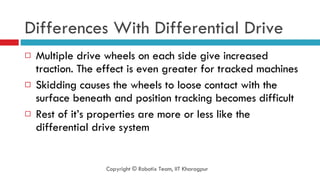 Differences With Differential Drive Multiple drive wheels on each side give increased traction. The effect is even greater for tracked machines Skidding causes the wheels to loose contact with the surface beneath and position tracking becomes difficult Rest of it’s properties are more or less like the differential drive system Copyright © Robotix Team, IIT Kharagpur 