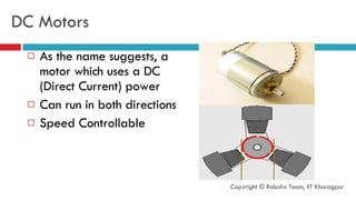 DC Motors As the name suggests, a motor which uses a DC (Direct Current) power Can run in both directions Speed Controllable Copyright © Robotix Team, IIT Kharagpur 