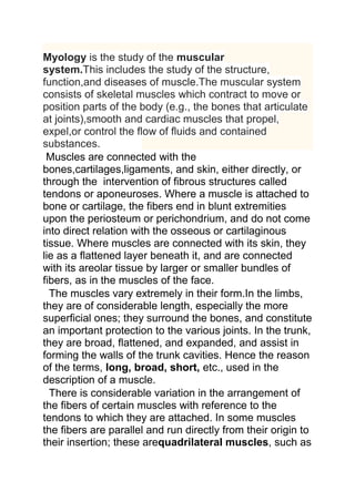 Myology is the study of the muscular 
system.This includes the study of the structure, 
function,and diseases of muscle.The muscular system 
consists of skeletal muscles which contract to move or 
position parts of the body (e.g., the bones that articulate 
at joints),smooth and cardiac muscles that propel, 
expel,or control the flow of fluids and contained 
substances. 
Muscles are connected with the 
bones,cartilages,ligaments, and skin, either directly, or 
through the intervention of fibrous structures called 
tendons or aponeuroses. Where a muscle is attached to 
bone or cartilage, the fibers end in blunt extremities 
upon the periosteum or perichondrium, and do not come 
into direct relation with the osseous or cartilaginous 
tissue. Where muscles are connected with its skin, they 
lie as a flattened layer beneath it, and are connected 
with its areolar tissue by larger or smaller bundles of 
fibers, as in the muscles of the face. 
The muscles vary extremely in their form.In the limbs, 
they are of considerable length, especially the more 
superficial ones; they surround the bones, and constitute 
an important protection to the various joints. In the trunk, 
they are broad, flattened, and expanded, and assist in 
forming the walls of the trunk cavities. Hence the reason 
of the terms, long, broad, short, etc., used in the 
description of a muscle. 
There is considerable variation in the arrangement of 
the fibers of certain muscles with reference to the 
tendons to which they are attached. In some muscles 
the fibers are parallel and run directly from their origin to 
their insertion; these arequadrilateral muscles, such as 
 