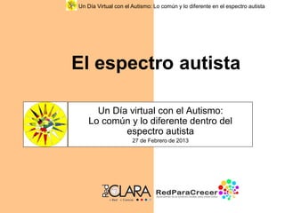 Un Día Virtual con el Autismo: Lo común y lo diferente en el espectro autista
El espectro autista
Un Día virtual con el Autismo:
Lo común y lo diferente dentro del
espectro autista
27 de Febrero de 2013
 