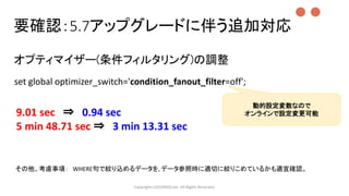 オプティマイザー(条件フィルタリング)の調整
set global optimizer_switch='condition_fanout_filter=off';
Copyrights LOCONDO,Inc. All Rights Reserved.
9.01 sec ⇒ 0.94 sec
5 min 48.71 sec ⇒ 3 min 13.31 sec
その他、考慮事項： WHERE句で絞り込めるデータを､データ参照時に適切に絞りこめているかも適宜確認。
●●
要確認：5.7アップグレードに伴う追加対応
動的設定変数なので
オンラインで設定変更可能
 